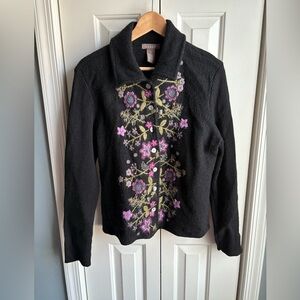 Kenar Womens Black Wool Floral Embroidered Button Cardigan Sweater Size Medium